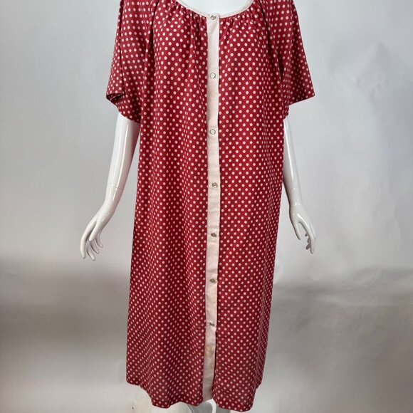 Vintage 1950s Red & White Polka Dot Button-Up House Dress With Short Sleeves - Picture 11 of 16
